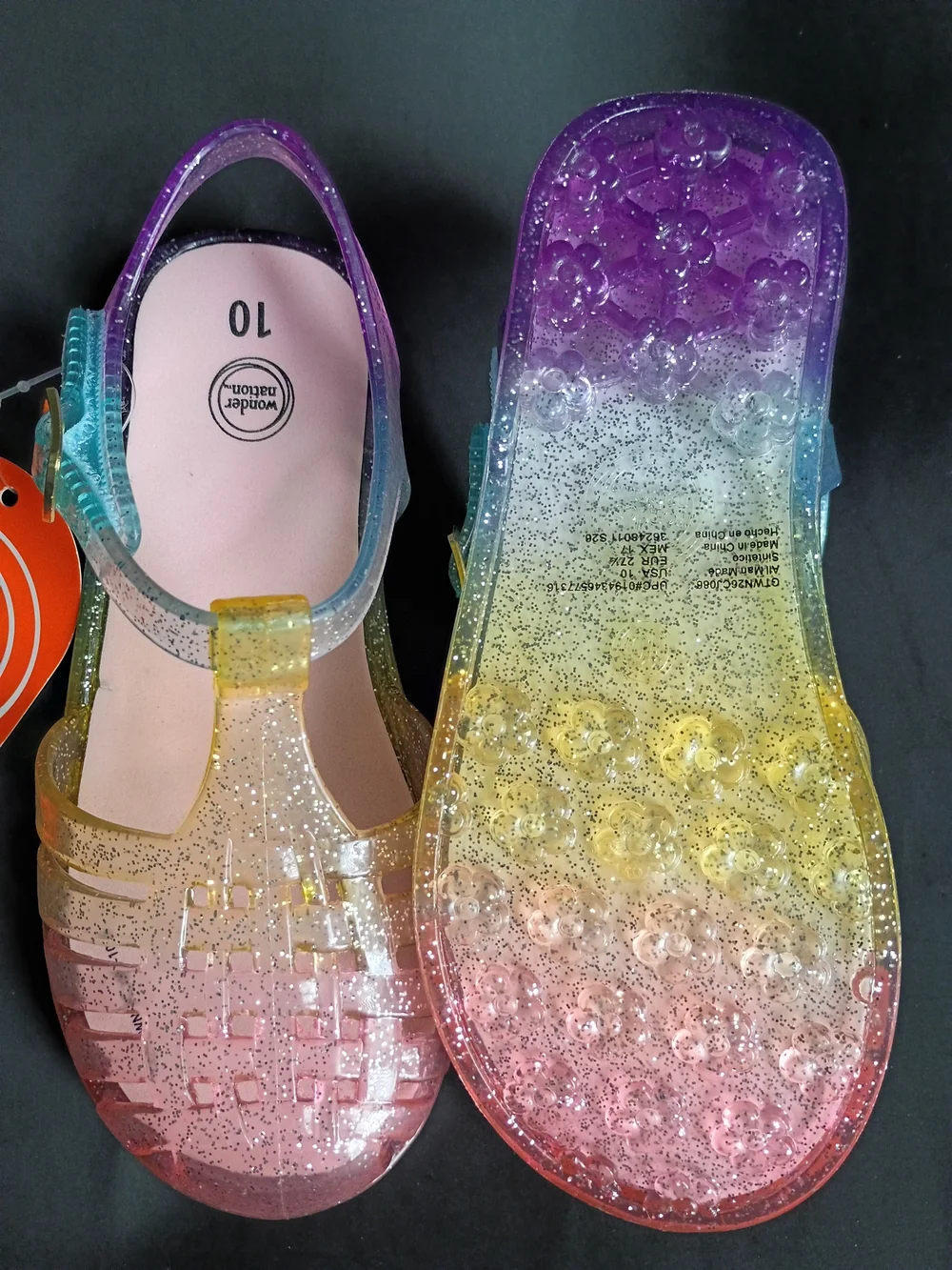 wonder nation Girls' Glitter Ombre Jelly Sandals - Purple Pink Yellow Blue